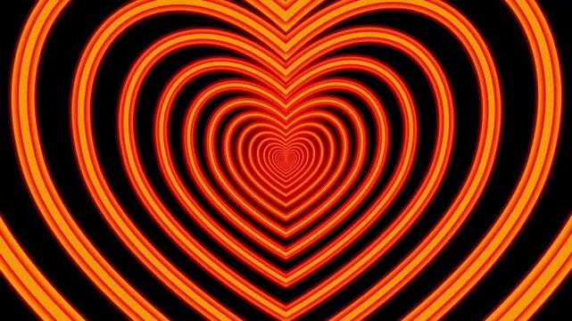  Love heart tunnel orange color animation. Love Heart Tunnel background 4k video. abstract romantic heart glitter for valentine and wedding.