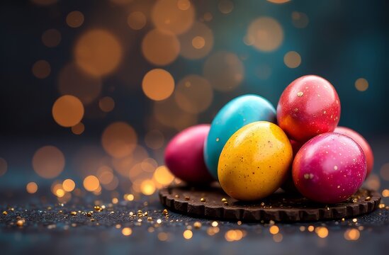 Easter multicolored eggs are laid on a dark background on the side, surrounded by lights and a side with a place for text. The concept of a holiday, Easter, laconic greetings.