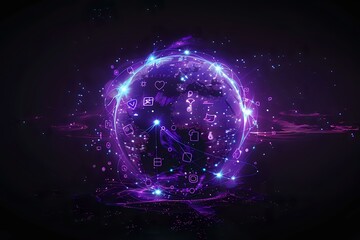 Obraz premium Glowing purple and blue circular portal with floating social media icons and digital elements, perfect for technology and communication design backgrounds.