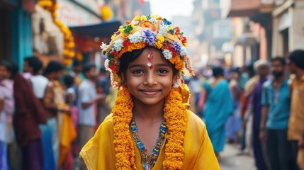 Fototapeta premium Joyful Young Girl in Vibrant Indian Attire