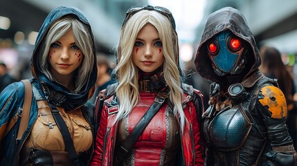 Cosplay women futuristic costumes convention crowd