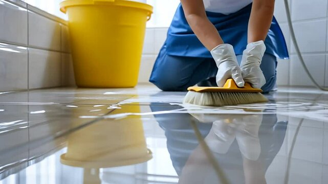 Cleaning lady scrubbing floor tiles with brush and soapy water