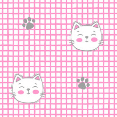 Vector hand drawn seamless pattern. White cat faces and cat paw prints on pink grid background