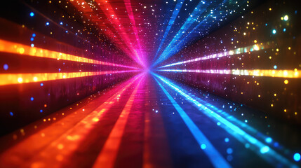 Black background with colorful lights, light beams, blurry cinematic sparkling in the air, glitchcore, glowy iridescence bokeh sparkles. Festive light leak overlay