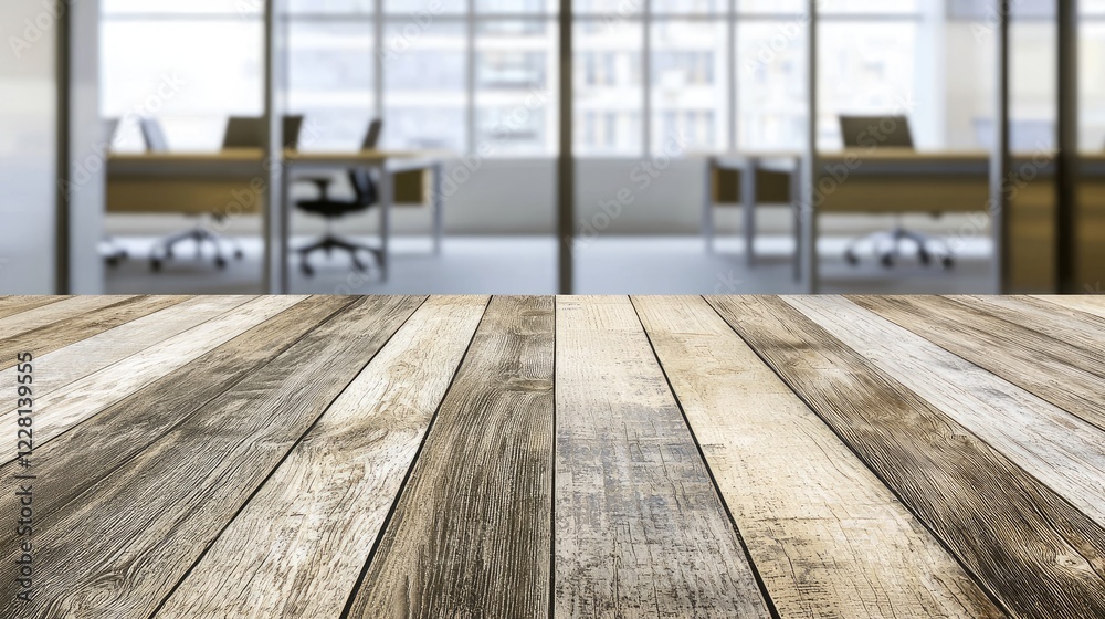 Aufkleber Empty wooden table surface with rustic planks and a blurred modern office background featuring desks and chairs. Ideal for product displays, presentations, or advertisements