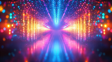 Black background with colorful lights, light beams, blurry cinematic sparkling in the air, glitchcore, glowy iridescence bokeh sparkles. Festive light leak overlay