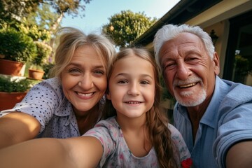 Fototapeta premium Grandparents and granddaughter taking a selfie in the garden