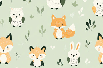 Obraz premium Charming kids pattern featuring playful forest animals like foxes, owls, and rabbits in soft pastel tones on a light green background