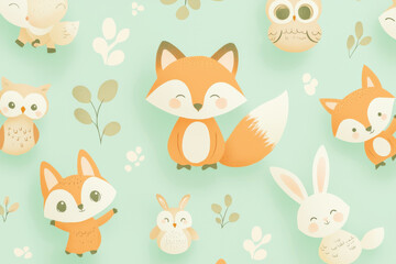 Charming kids pattern featuring adorable forest animals in soft pastel tones on light green background