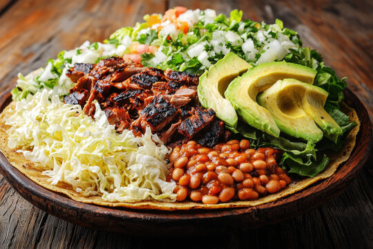 Delicious Oaxacan tlayuda with crispy tortilla, refried beans, grilled meat, and fresh veggies served on a rustic plate