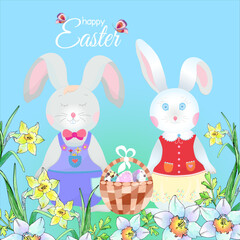 Easter-themed vector illustration with bunnies, a basket of eggs, butterflies, and yellow and white daffodils.
