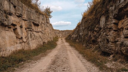 Dirt road between high, rocky canyon walls.