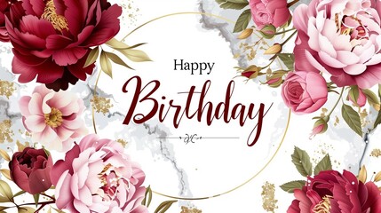 Elegant floral birthday card,  soft pink and deep burgundy flowers, golden circular frame,, calligraphy text "Happy Birthday",