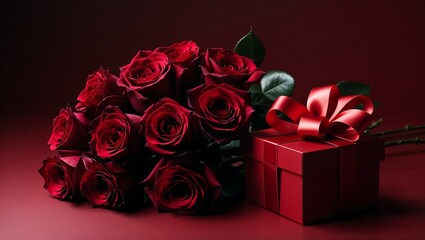 Deep red roses arranged gracefully next to a matching red gift box, adorned with an intricate satin ribbon bow, complementing the rich tones of the roses and setting a luxurious atmosphere.