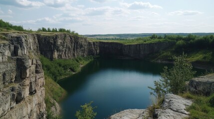 Dramatic aerial view of a flooded quarry, showcasing steep cliffs, tranquil water, and lush greenery.