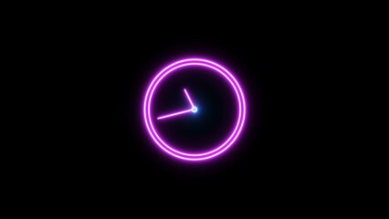 Clock icon neon bright magenta color 4k illustration. analogue style digital 4k illustration clock neon circle. Black background 4k illustration. clock with 24 hours running time.