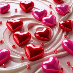 Glossy hearts in vibrant shades of red and pink, set against a swirling, creamy background in soft pastel tones. Their reflective surfaces and 3D appearance bring them to life.