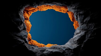 Mysterious portal into the unknown. A striking visual of a dark, cavernous opening revealing a deep blue expanse framed by illuminated, textured rock, with captivating interplay of light and shadow.