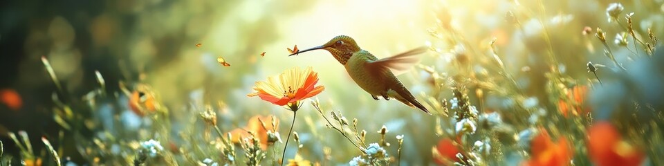 Fototapeta premium Hummingbird bird on a background of flowers. Selective focus