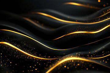 Elegant Flowing Golden Waves with Glowing Particles on a Dark Background, Abstract Futuristic Texture and Luxury Artistic Design