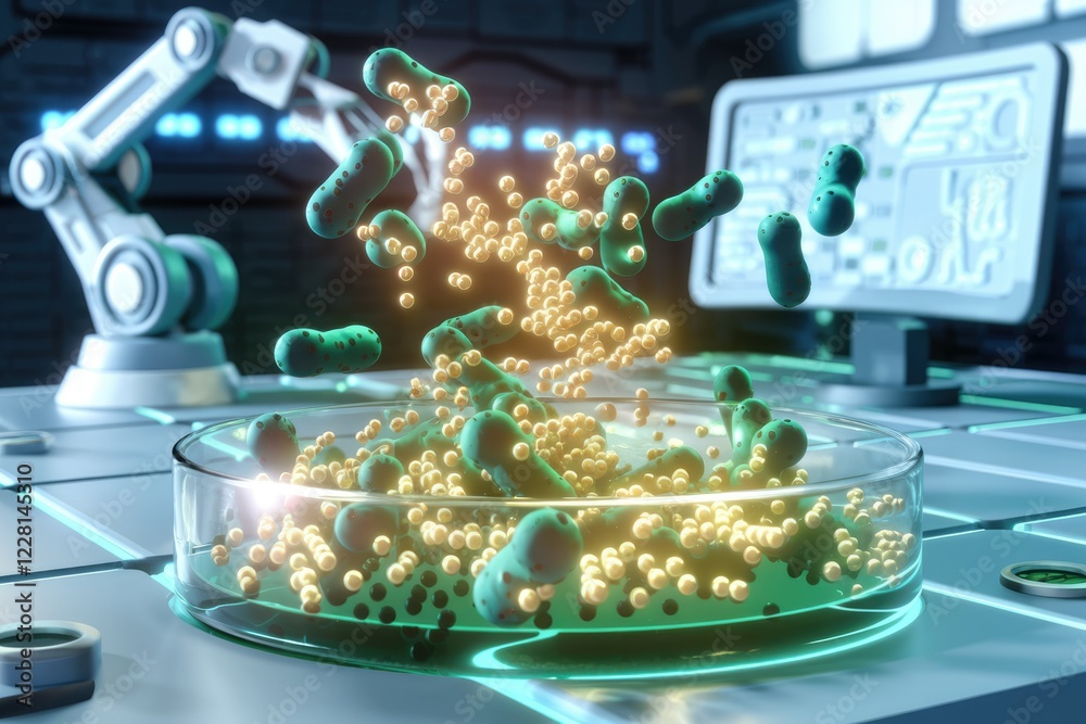 Poster microscopic view of bacteria and nanoparticles in a lab setting, likely for research or drug develop