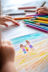 child draws a beach and sea. Selective focus