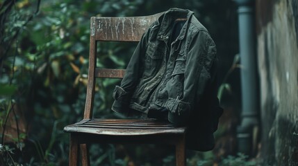 A green jacket hangs on a wooden chair in a garden.