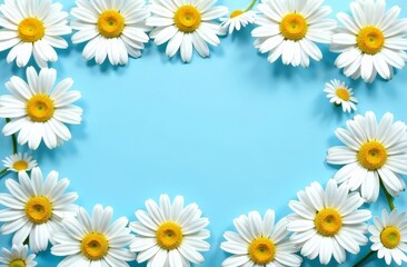 Fototapeta premium A frame of daisy flowers with white petals and a yellow core on a blue background with free space in the center for text. The concept of postcards, congratulations, information.