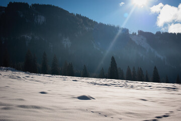 Winter landscape at early morning in ski resort, Austria. Europe.