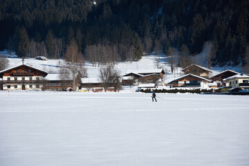 Winter landscape at early morning in ski resort, Austria. Europe.