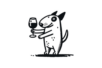 Hand drawn funny bull terrier holding a wine glass 