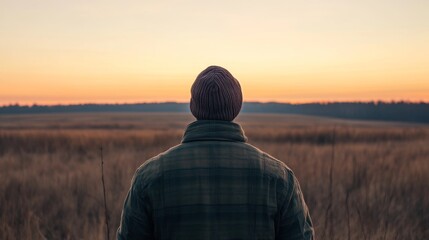 Man in field at sunset, looking at horizon.