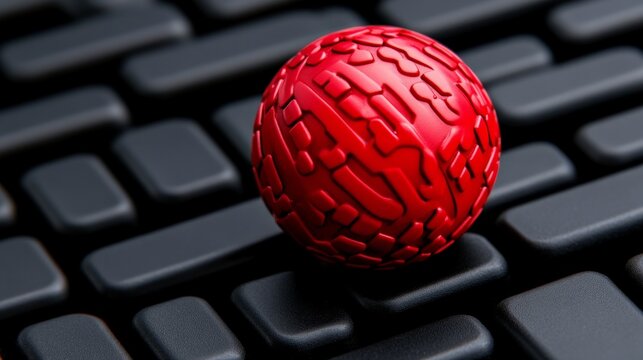 Data in the Digital Realm: A dynamic red sphere rests atop a sleek, black keyboard, symbolizing the nexus of ideas, technology and virtual reality. It is a modern digital concept.