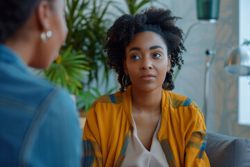 Skillful black female psychotherapist during appointment of young black female patient in office