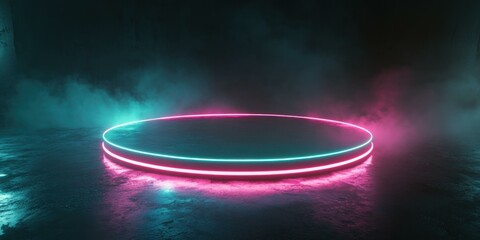 Futuristic neon-lit platform in a misty environment, suitable for event promotions, music videos, or digital art projects.