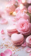 Delicate pink roses and heart-shaped macarons create a romantic dessert setting