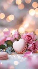 Delicate pink macarons and roses create a romantic atmosphere during a special celebration in a softly lit environment