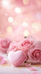 Naklejka premium Sweet pink macaroon beside fresh roses with bokeh background creating a romantic atmosphere
