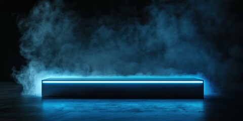 A futuristic illuminated platform surrounded by mist, ideal for showcasing products, events, or artistic presentations.
