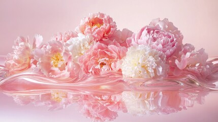 Beautiful pastel peonies and roses float gracefully on water reflecting soft hues in bright light