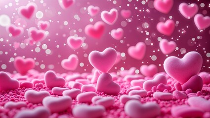 Soft and bright pink hearts of various sizes are scattered throughout, with a bokeh effect and glowing white dots, creating a dreamy and romantic atmosphere.