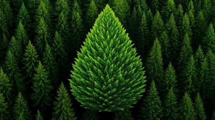  Majestic Evergreen: A solitary, meticulously shaped evergreen tree stands out against the backdrop of a dense forest of identical trees. The image is a visual symphony of greens.