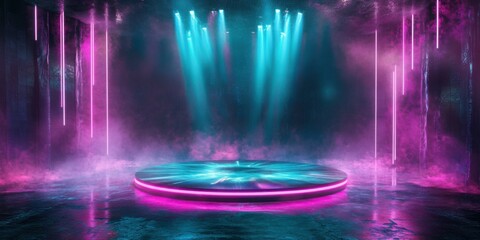 Vibrant stage with neon lights and fog, ideal for event promotions, nightlife advertisements, or music festivals.