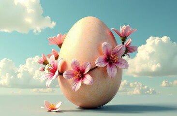 Close-up of an Easter egg encircled by a twig with pink flowers, against a background of blue sky with clouds. The concept of spring, Easter, and laconic greetings.