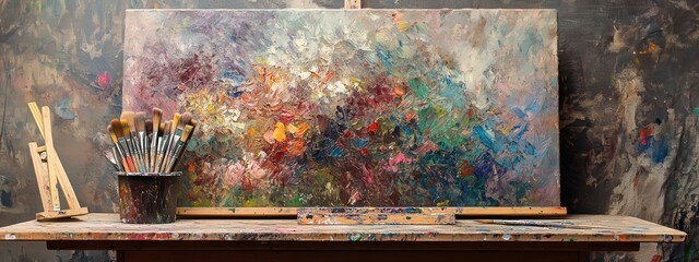 Artist's workplace and painting. Selective focus