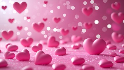 Soft and bright pink hearts of various sizes are scattered throughout, with a bokeh effect and glowing white dots, creating a dreamy and romantic atmosphere.