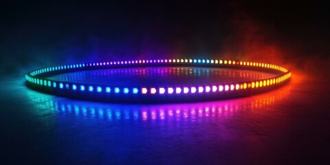 Vibrant circular LED light display on a reflective surface, ideal for event promotions, nightlife, and technology themes.