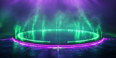 Vibrant stage background with neon lights and fog, suitable for music events, parties, and promotional materials.