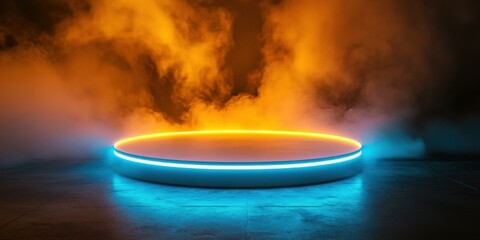 A vibrant illuminated platform surrounded by colorful fog, ideal for promotional events, product launches, or artistic performances.