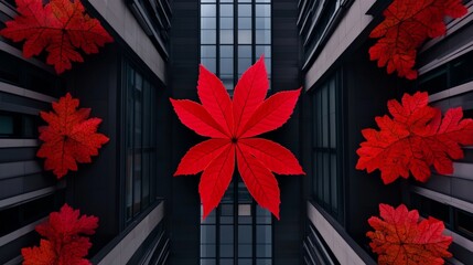 Autumnal Reflections: An artistic composition of vibrant red leaves against a dark, geometric architectural background. capturing a sense of contrast and the season's ephemeral beauty.